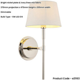 Loops Indoor Bright Nickel Plate Wall Light - Ivory Linen Mix Fabric Shade - Dimmable 6W Led E14 - thumbnail 2