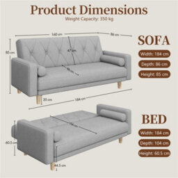 Yaheetech Fabric Convertible Sofa Bed With 2 Bolster Pillows For Living Room/guest Room, Light Grey - thumbnail 3