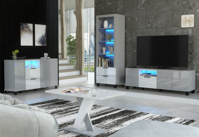 Furneo Living Room Set Tv Stand Display Cabinet Sideboard Coffee Table Grey White High Gloss Matt Blue Led Lights Enzo 2/14/16/18 - image 1
