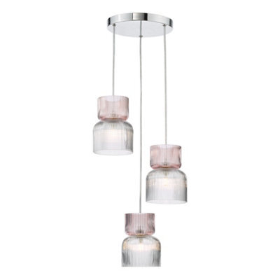 DAR Auberta 3 Light Cluster Pendant Polished Chrome And Pink Ribbed Glass - image 1