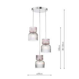 DAR Auberta 3 Light Cluster Pendant Polished Chrome And Pink Ribbed Glass - thumbnail 4