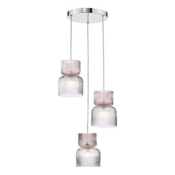 DAR Auberta 3 Light Cluster Pendant Polished Chrome And Pink Ribbed Glass - thumbnail 1