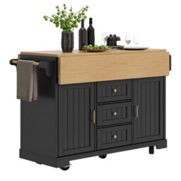 Abrihome Kitchen Island, Cabinet, Sideboard 120 X 40 (80) X 95 Cm, Extendable Kitchen Trolley With Casters, Extendable On Both Sides, Black - thumbnail 7