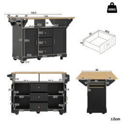 Abrihome Kitchen Island, Cabinet, Sideboard 120 X 40 (80) X 95 Cm, Extendable Kitchen Trolley With Casters, Extendable On Both Sides, Black - thumbnail 6