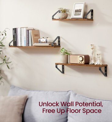 LEDREM Wall Shelves, Floating Shelves Wall Mounted, Set Of 3, 2 Mounting Ways, 40/50/60 Cm, Rustic Brown And Matte Black - image 1