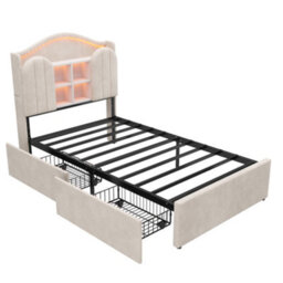 Merax 3Ft Single Bed 90X190 Cm, Velvet Bed With Led Storage Headboard, Charging Station, 2 Drawers, Children's Bed, Cream White - thumbnail 8