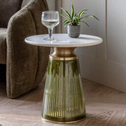 Xample Gallery Seville Green Side Table White Marble Top, Green Glass Base With Gold Accents, Luxurious Modern Accent Table, H48Cm