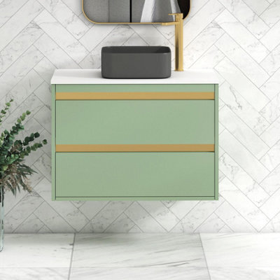 Royal Bathrooms Orion 800mm Mint Sage Wall Hung Plain White Countertop Vanity Unit 2 Drawer With Art Square Basin & Brushed Brass Accent Trim - image 1