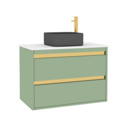 Royal Bathrooms Orion 800mm Mint Sage Wall Hung Plain White Countertop Vanity Unit 2 Drawer With Art Square Basin & Brushed Brass Accent Trim - thumbnail 6