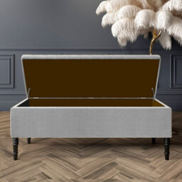 90Cm Paris Striped Ottoman Storage Bench - Upholstered Shoes Bench With Black Turned Wooden Legs - Grey Naple Ottoman Bench - thumbnail 2