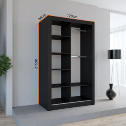 Fhif Ibiza 120Cm Black Sliding Door Wardrobe Modern Bedroom Storage With Full Length Mirror Shelves And Hanging Rails - thumbnail 2