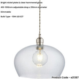 Loops Hanging Ceiling Pendant Light - Bright Nickel Plate & Clear Hammered Dome Glass - 10W Led E27 - thumbnail 2