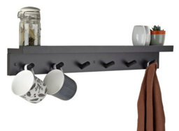 Keypak 6 Coat Hook With Shelf, 68Cm Wall Mounted Wooden Coat Rack Hallway Kitchen Bathroom Organiser, Shelf With Lip (Black)