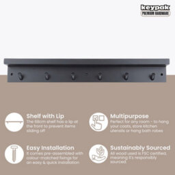 Keypak 6 Coat Hook With Shelf, 68Cm Wall Mounted Wooden Coat Rack Hallway Kitchen Bathroom Organiser, Shelf With Lip (Black) - thumbnail 2