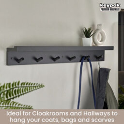 Keypak 6 Coat Hook With Shelf, 68Cm Wall Mounted Wooden Coat Rack Hallway Kitchen Bathroom Organiser, Shelf With Lip (Black) - thumbnail 5