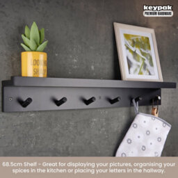 Keypak 6 Coat Hook With Shelf, 68Cm Wall Mounted Wooden Coat Rack Hallway Kitchen Bathroom Organiser, Shelf With Lip (Black) - thumbnail 6