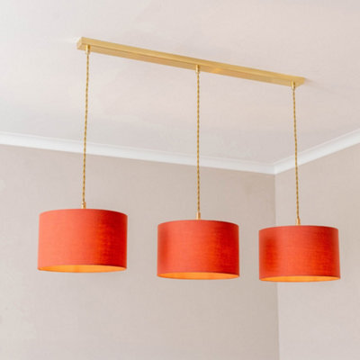 Valuelights Reni Rust Fabric Drum Shade 3 Drop Bar Brushed Gold Diner Ceiling Pendant Light - image 1