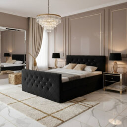Malaga M 140X200 Upholstered Bed With Topper Mdf Laminated Board Frame Hr Foam Bonnell Springs Wooden Slatted Base Black