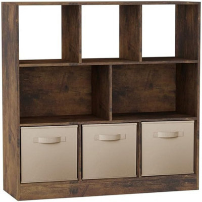 Urbn-Living Urbnliving Asymmetrical 8-Cube Rustic Brown Bookcase Storage Unit With 3 Fabric Drawer Inserts - Beige - image 1