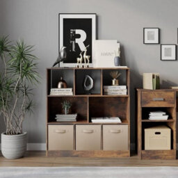 Urbn-Living Urbnliving Asymmetrical 8-Cube Rustic Brown Bookcase Storage Unit With 3 Fabric Drawer Inserts - Beige - thumbnail 2