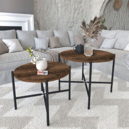 Urbn-Living Urbnliving 65Cm Width 2Pcs Round Burnt Oak Wooden Nesting End Coffee & Side Table Set With Metal Legs - thumbnail 2