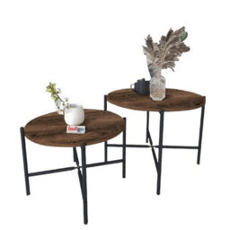 Urbn-Living Urbnliving 65Cm Width 2Pcs Round Burnt Oak Wooden Nesting End Coffee & Side Table Set With Metal Legs