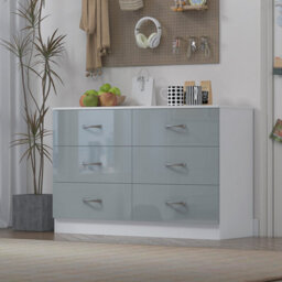 Harmin Grey High Gloss 6 Drawer Sideboard / Cupboard / Buffet Solo / Chest Of Drawers With Matt White Frame - thumbnail 1