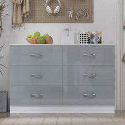 Harmin Grey High Gloss 6 Drawer Sideboard / Cupboard / Buffet Solo / Chest Of Drawers With Matt White Frame - thumbnail 2