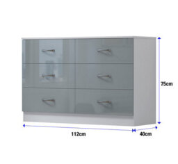 Harmin Grey High Gloss 6 Drawer Sideboard / Cupboard / Buffet Solo / Chest Of Drawers With Matt White Frame - thumbnail 3