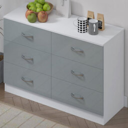 Harmin Grey High Gloss 6 Drawer Sideboard / Cupboard / Buffet Solo / Chest Of Drawers With Matt White Frame - thumbnail 9