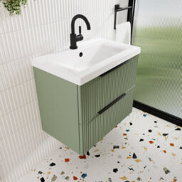Hudson Reed Fluted Wall Hung 2-Drawer Vanity And Mid-Edge Basin, Contemporary Sink Vanity Unit, Satin Green, 600mm - thumbnail 2