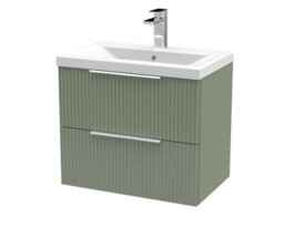 Hudson Reed Fluted Wall Hung 2-Drawer Vanity And Mid-Edge Basin, Contemporary Sink Vanity Unit, Satin Green, 600mm