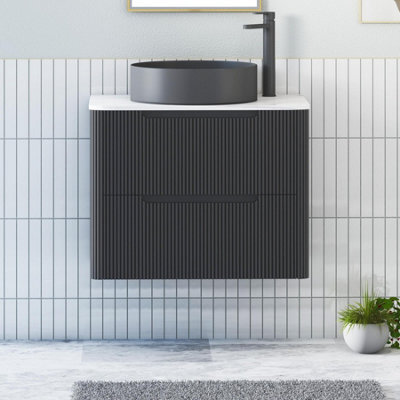 Royal Bathrooms Avenza 600mm Matt Obsidian Black Wall Hung Bathroom Countertop Vanity Unit 2 Drawer With Art Round Basin - image 1