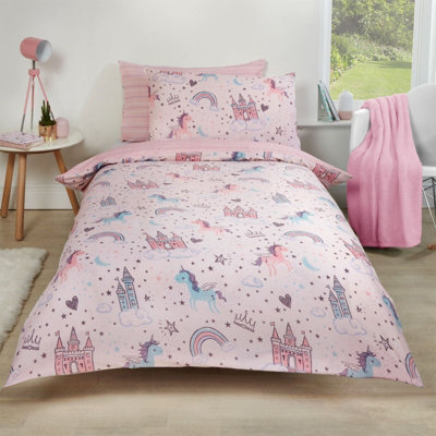 Ohs Duvet Cover With Pillowcase Polycotton Bedding Set, Unicorn Kingdom Blush Pink - Double