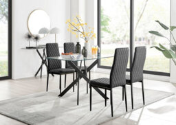 Furniturebox Leonardo 4 Seater Rectangular Glass Dining Table With Silver Metal Legs & 4 Black Milan Faux Leather Black Leg Chairs
