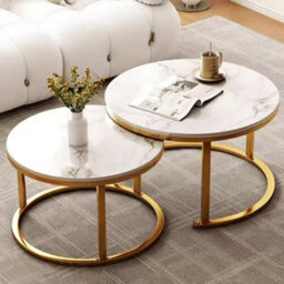 Modern Nesting Coffee Table Set - 2-Piece Round Marble Effect Tables With Gold Metal Legs - thumbnail 3