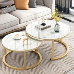 Modern Nesting Coffee Table Set - 2-Piece Round Marble Effect Tables With Gold Metal Legs