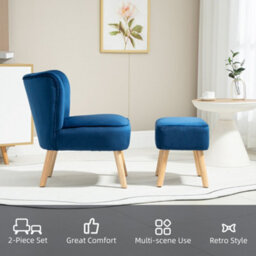 Homcom Velvet-Feel Accent Chair W/ Ottoman Tub Seat Padding Wood Legs Dark Blue - thumbnail 6