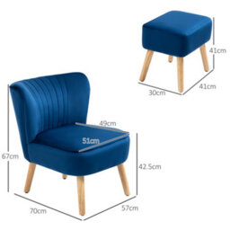 Homcom Velvet-Feel Accent Chair W/ Ottoman Tub Seat Padding Wood Legs Dark Blue - thumbnail 3