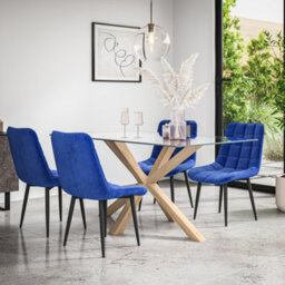 More4Homes Etta Glass Dining Table And Chairs - Glass Top W Solid Oak Legs + Nova Velvet Dining Chair Set Of 6 (Blue)
