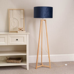 Valuelights Lottie Natural Wood Tripod Floor Lamp With Navy Blue Velvet Drum Shade - Led Bulb Included - thumbnail 3