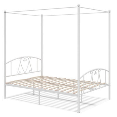 Double Size Metal Canopy Bed Frame 4-Poster Contemporary Platform Wood Slat - image 1