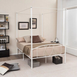 Double Size Metal Canopy Bed Frame 4-Poster Contemporary Platform Wood Slat - thumbnail 4