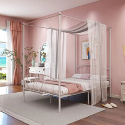 Double Size Metal Canopy Bed Frame 4-Poster Contemporary Platform Wood Slat - thumbnail 3