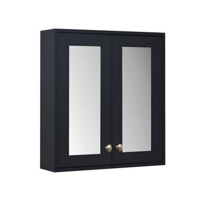 Homestylestore 600 X 650mm Black Grey Wall Mounted Mirrored Door Bathroom Cabinet And Brushed Brass Round Handles - image 1