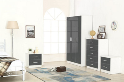 Reflect 3 Door Plain Wardrobe, 5 Drawer Chest, 2X 2 Drawer Bedsides - Grey Gloss & Matt White - Modern Bedroom Furniture Set - image 1