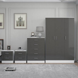 Reflect 3 Door Plain Wardrobe, 5 Drawer Chest, 2X 2 Drawer Bedsides - Grey Gloss & Matt White - Modern Bedroom Furniture Set - thumbnail 3