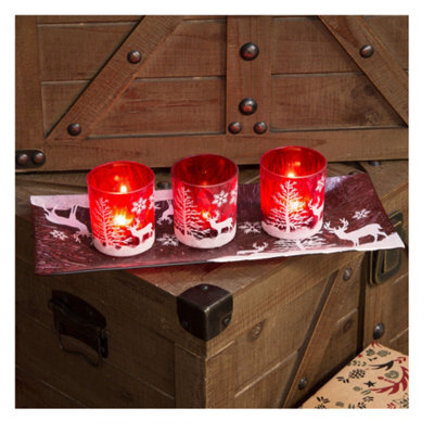 Christmas Tea Light Candle Holder - Three Red Holders With White Reindeer & Tray - image 1