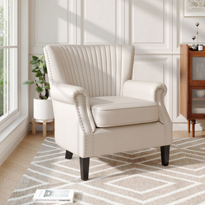 Thehotsale Beige Accent Chair With Nailhead Trim Channel Deep Cushioned Armchair - image 1