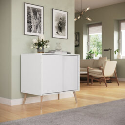 Urbn-Living Urbnliving 2-Door Sliding Chest Cabinet Sideboard White Carcass Closet Storage Cupboard Organiser With Pine Legs - thumbnail 3